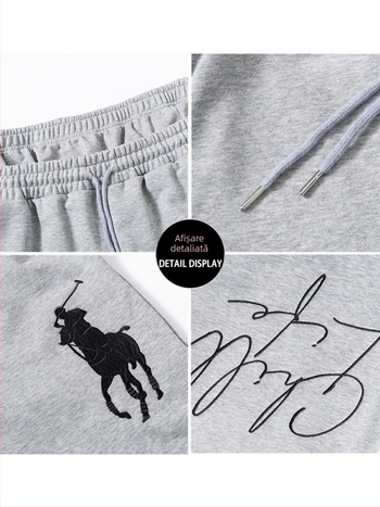 Pantaloni sport casual cu logo brodat, stil american retro, talie cu bandă dublă, croială lejeră, picioare drepte, terry din bumbac-poliester 50/50