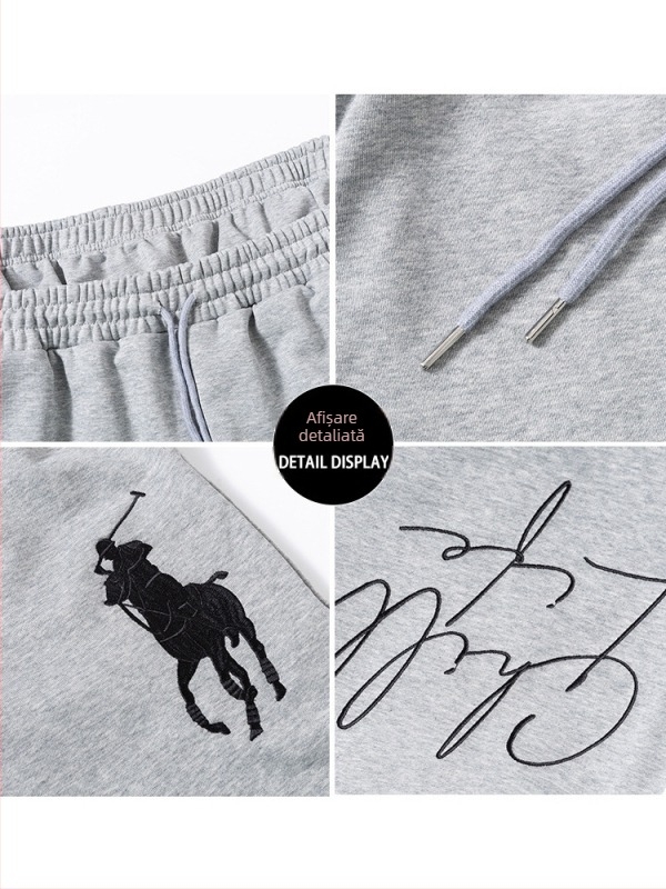 Pantaloni sport casual cu logo brodat, stil american retro, talie cu bandă dublă, croială lejeră, picioare drepte, terry din bumbac-poliester 50/50