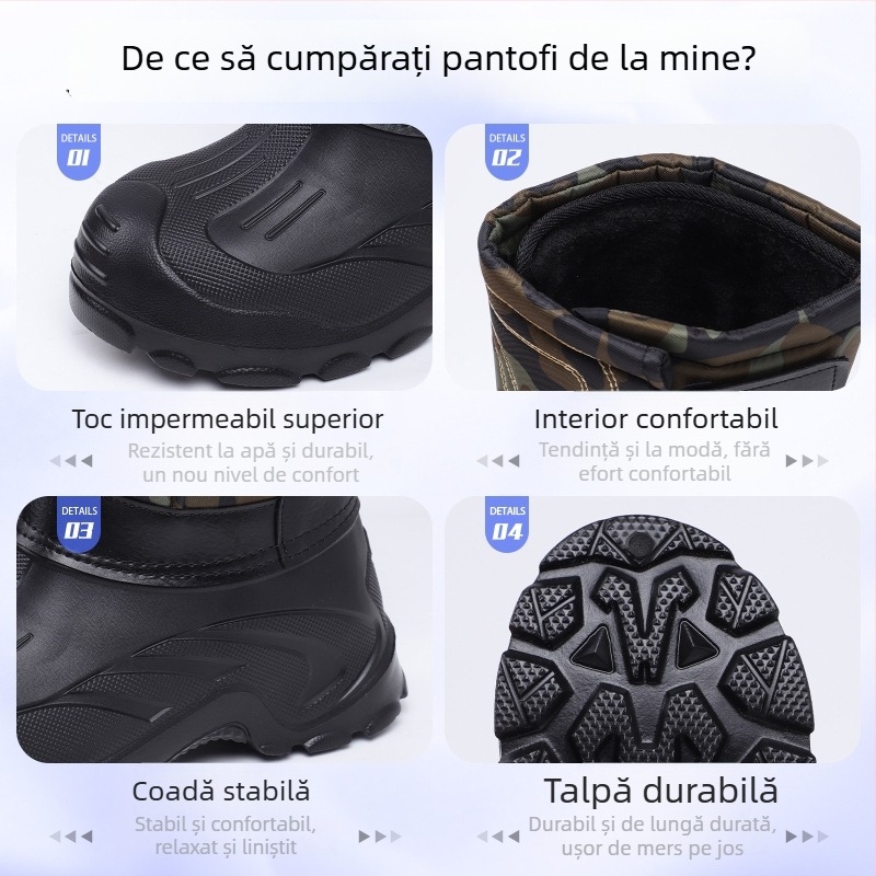 Ghete de zăpadă pentru bărbați, înalte, impermeabile de iarnă, model camuflaj, partea superioară din piele sintetică