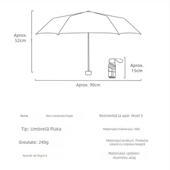 Umbrelă de soare și ploaie, cu cinci secțiuni, deschidere manuală, 6 brațe, UPF > 50, țesătură 210T