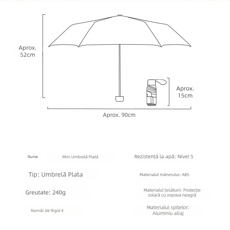 Umbrelă de soare și ploaie, cu cinci secțiuni, deschidere manuală, 6 brațe, UPF > 50, țesătură 210T