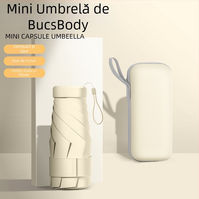 Umbrelă de soare și ploaie, cu cinci secțiuni, deschidere manuală, 6 brațe, UPF > 50, țesătură 210T