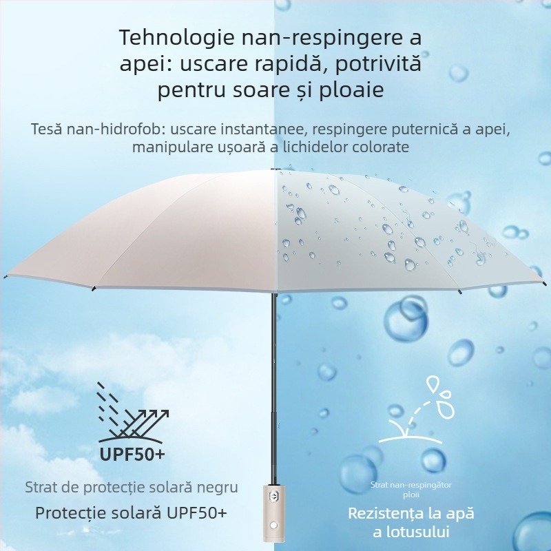 Umbrelă automată, pliabilă în trei, cu 8 brațe, husă din plastic, mâner din aluminiu