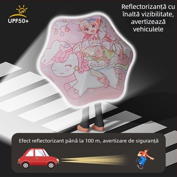 Umbrelă automată pentru copii – Soare și ploaie, schelet cu 6 brațe din fibră, țesătură 190T vinil, UPF50+, mâner din plastic