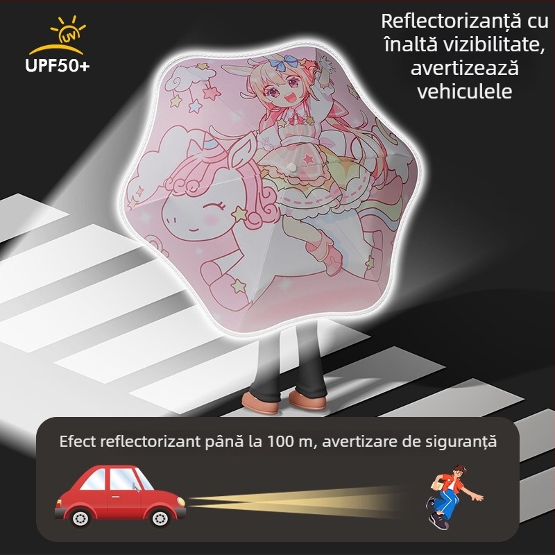 Umbrelă automată pentru copii – Soare și ploaie, schelet cu 6 brațe din fibră, țesătură 190T vinil, UPF50+, mâner din plastic