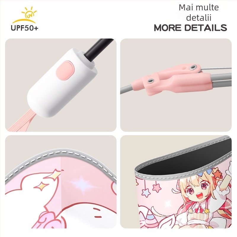 Umbrelă automată pentru copii – Soare și ploaie, schelet cu 6 brațe din fibră, țesătură 190T vinil, UPF50+, mâner din plastic