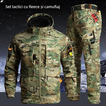 Set de lucru camuflaj din fleece, rezistent la vânt și cald, destinat iernii, jachetă și pantaloni, țesătură din bumbac amestec