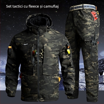Set de lucru camuflaj din fleece, rezistent la vânt și cald, destinat iernii, jachetă și pantaloni, țesătură din bumbac amestec