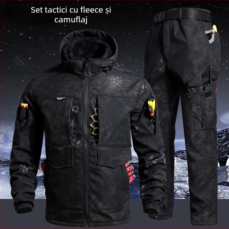 Set de lucru camuflaj din fleece, rezistent la vânt și cald, destinat iernii, jachetă și pantaloni, țesătură din bumbac amestec