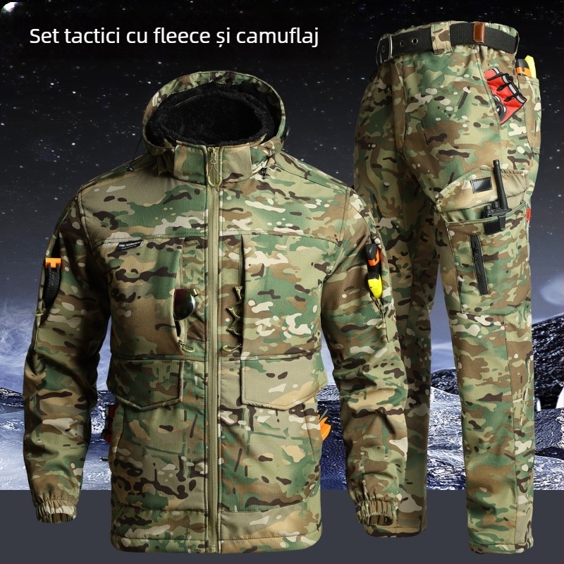 Set de lucru camuflaj din fleece, rezistent la vânt și cald, destinat iernii, jachetă și pantaloni, țesătură din bumbac amestec
