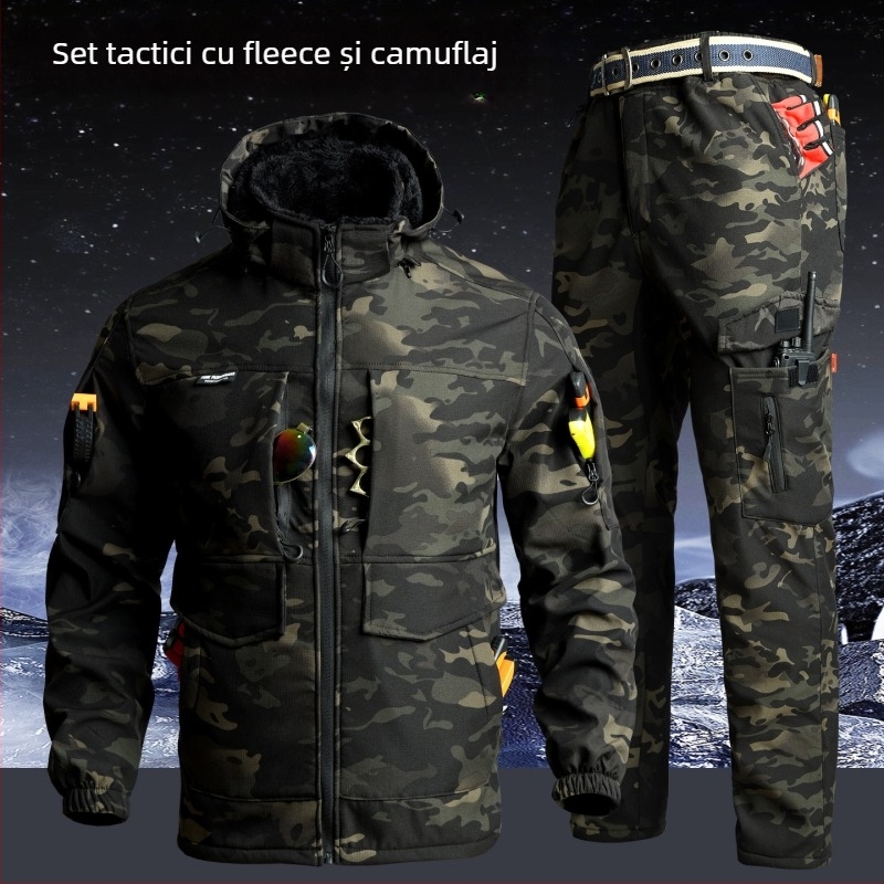 Set de lucru camuflaj din fleece, rezistent la vânt și cald, destinat iernii, jachetă și pantaloni, țesătură din bumbac amestec