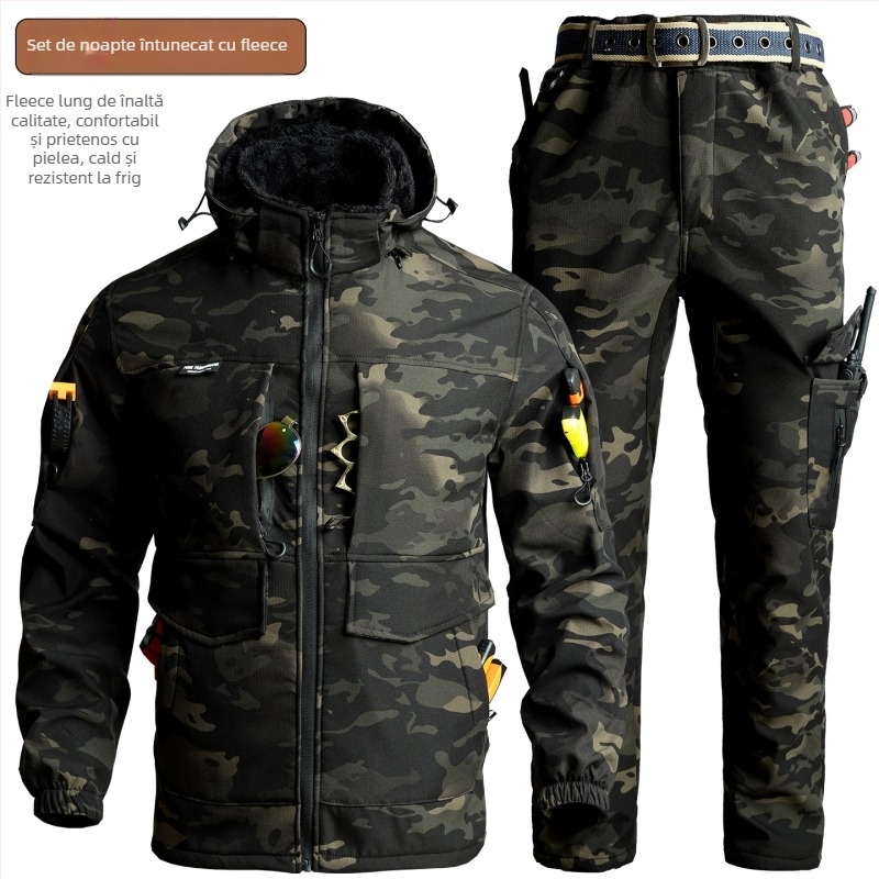 Set de lucru camuflaj din fleece, rezistent la vânt și cald, destinat iernii, jachetă și pantaloni, țesătură din bumbac amestec