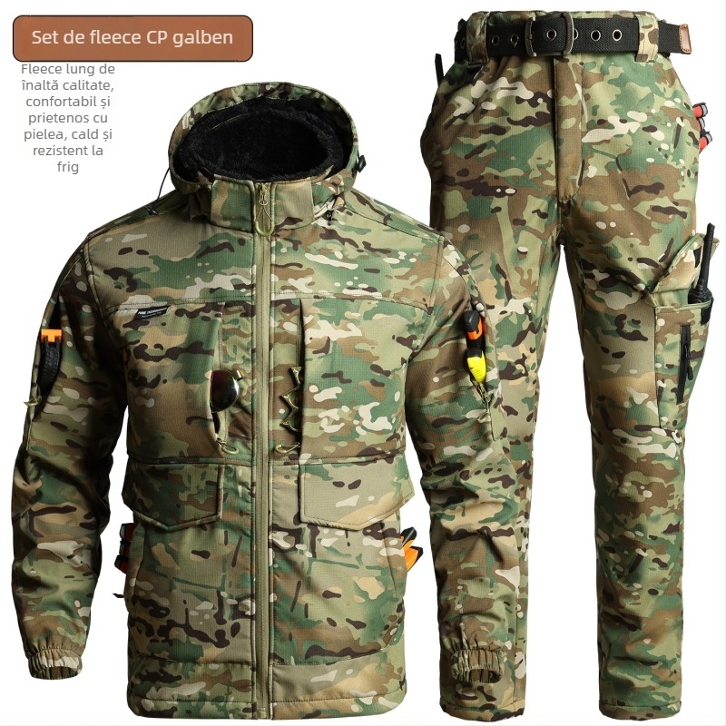 Set de lucru camuflaj din fleece, rezistent la vânt și cald, destinat iernii, jachetă și pantaloni, țesătură din bumbac amestec