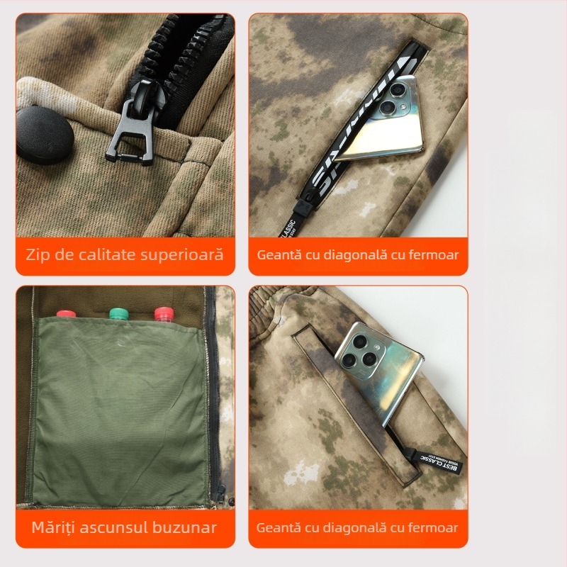 Set de lucru camuflaj, căptușit cu fleece, iarnă-toamnă, poliester, cald și rezistent la uzură, unisex