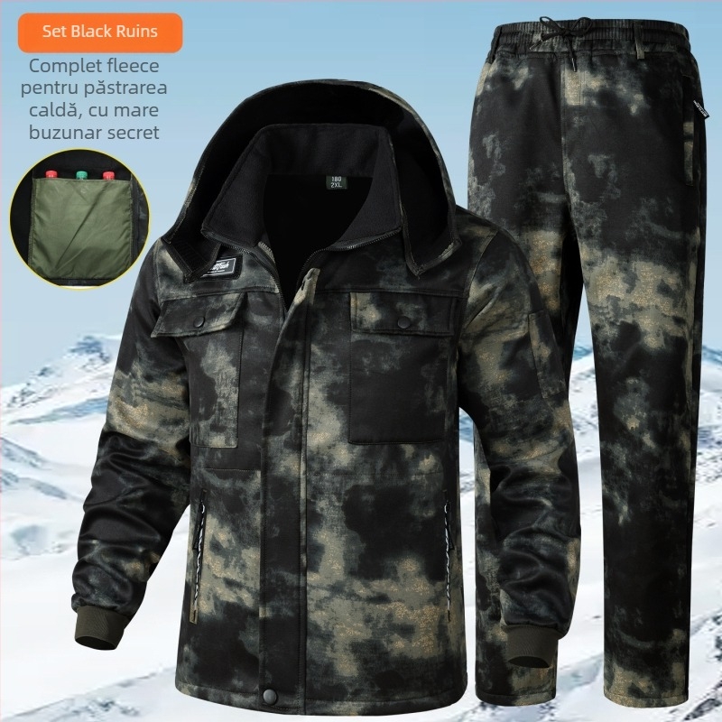 Set de lucru camuflaj, căptușit cu fleece, iarnă-toamnă, poliester, cald și rezistent la uzură, unisex