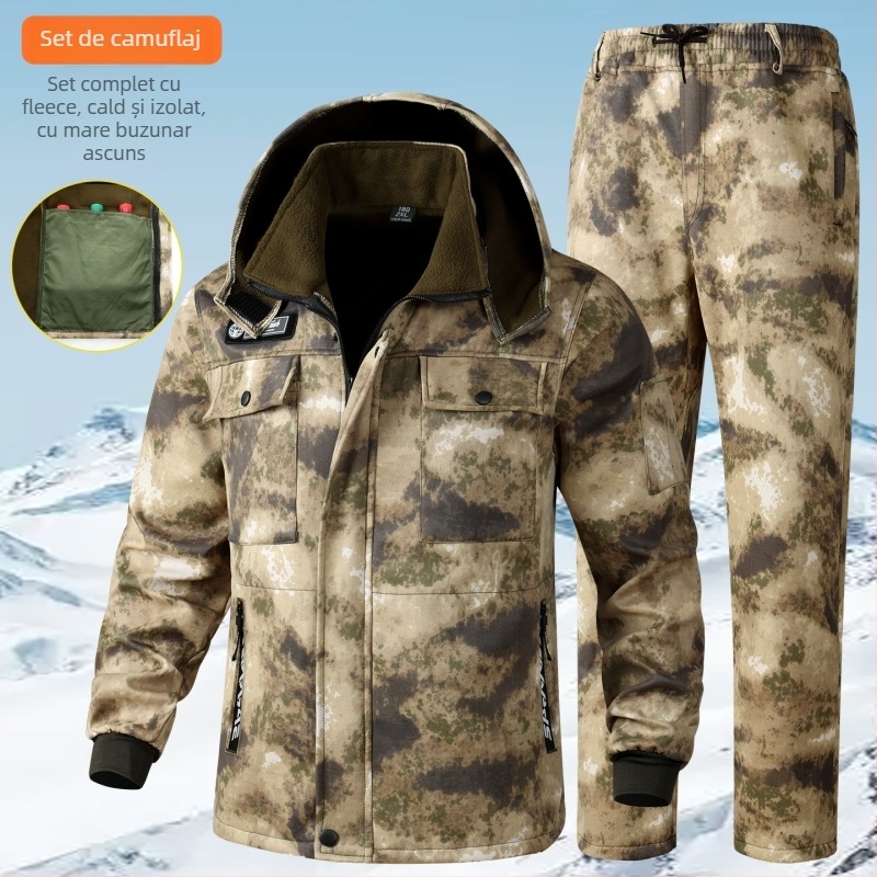 Set de lucru camuflaj, căptușit cu fleece, iarnă-toamnă, poliester, cald și rezistent la uzură, unisex