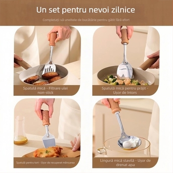 Set spatule de gătit cu mâner imitatie lemn (Marcă: Platinum; Material: 201+410+PP; Funcție: antiaderent; Stil: antic, retro)