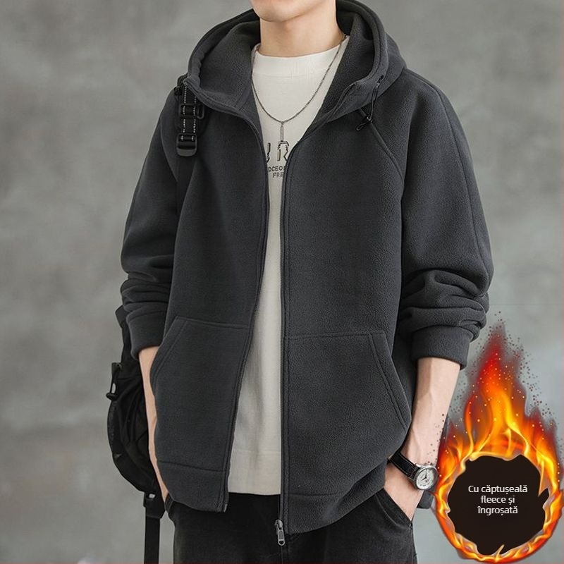 Geacă de fleece pentru bărbați cu glugă: fleece dublu fațetat, gros pentru iarnă, rezistent la uzură