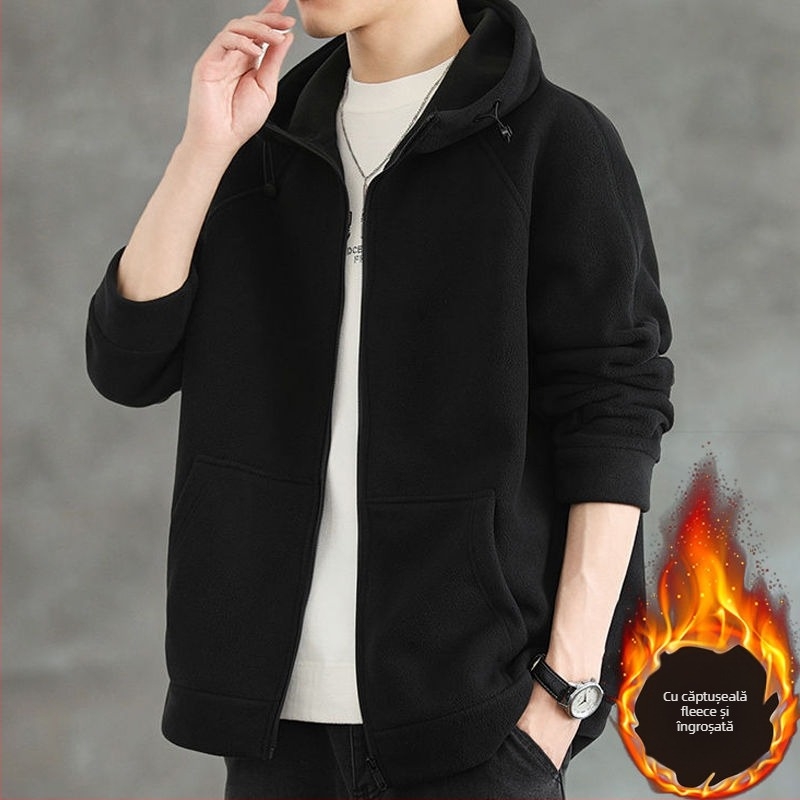 Geacă de fleece pentru bărbați cu glugă: fleece dublu fațetat, gros pentru iarnă, rezistent la uzură