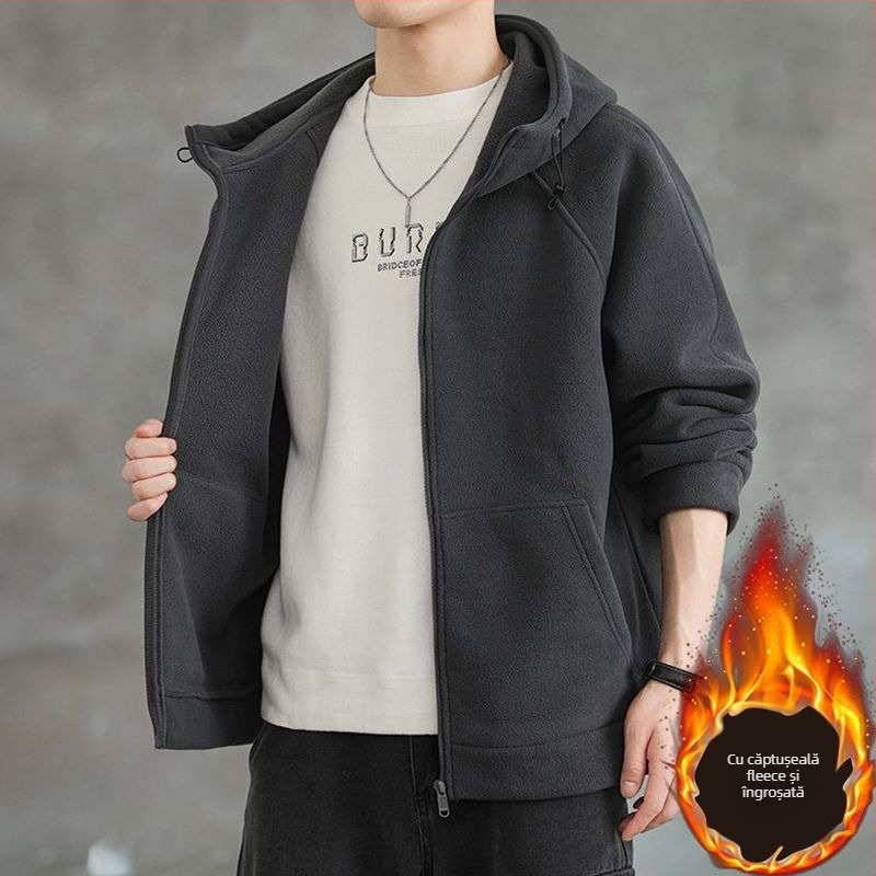 Geacă de fleece pentru bărbați cu glugă: fleece dublu fațetat, gros pentru iarnă, rezistent la uzură