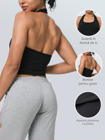 Sutien sport cu pernă pentru sân, susținere înaltă, bretele halter fixe, nailon 75% / spandex 25%, cupă completă, cupă modelată cu partea superioară subțire și partea inferioară mai groasă