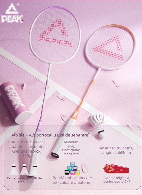 Rachetă badminton Peak, ramă din aliaj de fier și fibră de carbon, 95–100 g, mâner G4, tijă dreaptă