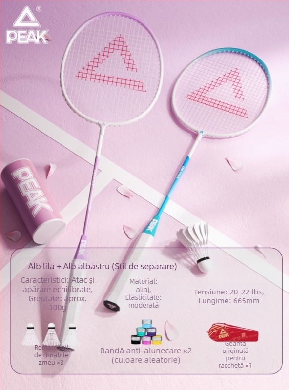 Rachetă badminton Peak, ramă din aliaj de fier și fibră de carbon, 95–100 g, mâner G4, tijă dreaptă