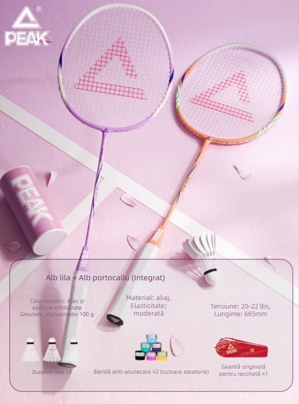 Rachetă badminton Peak, ramă din aliaj de fier și fibră de carbon, 95–100 g, mâner G4, tijă dreaptă