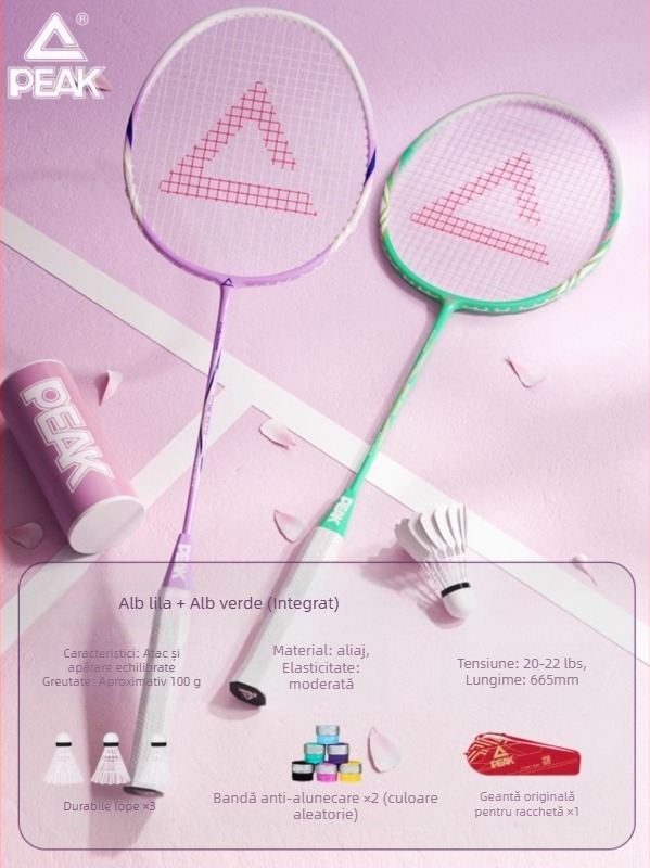 Rachetă badminton Peak, ramă din aliaj de fier și fibră de carbon, 95–100 g, mâner G4, tijă dreaptă