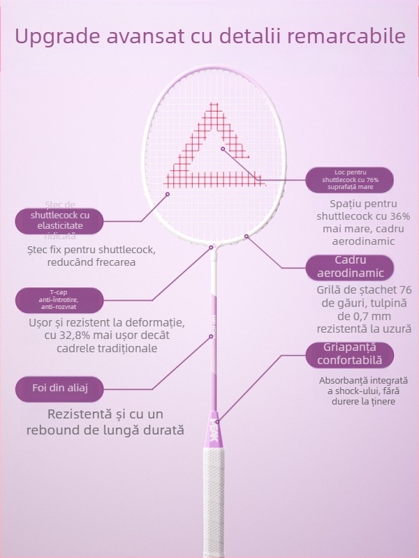 Rachetă badminton Peak, ramă din aliaj de fier și fibră de carbon, 95–100 g, mâner G4, tijă dreaptă