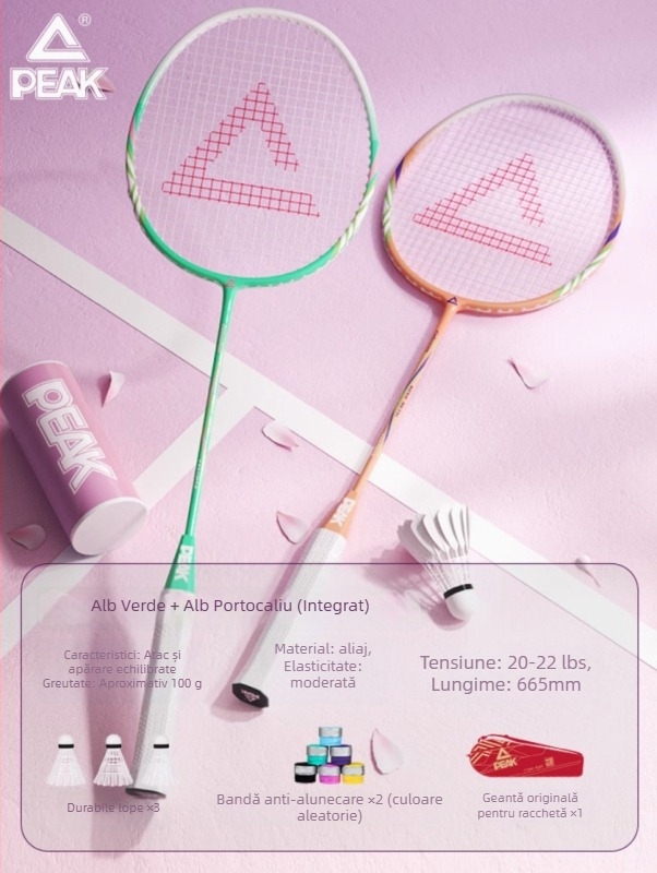 Rachetă badminton Peak, ramă din aliaj de fier și fibră de carbon, 95–100 g, mâner G4, tijă dreaptă