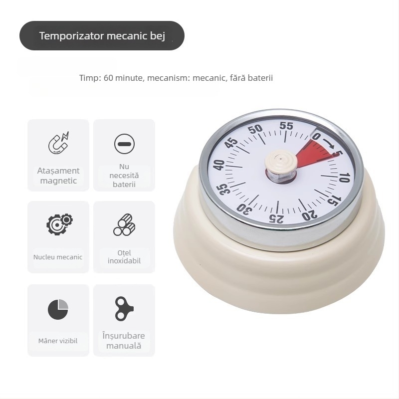 Cronometru vizual mecanic cu montaj magnetic pentru bucătărie și studiu – carcasă rotundă din ABS, acționare manuală, afișaj cu indicator, cronometru