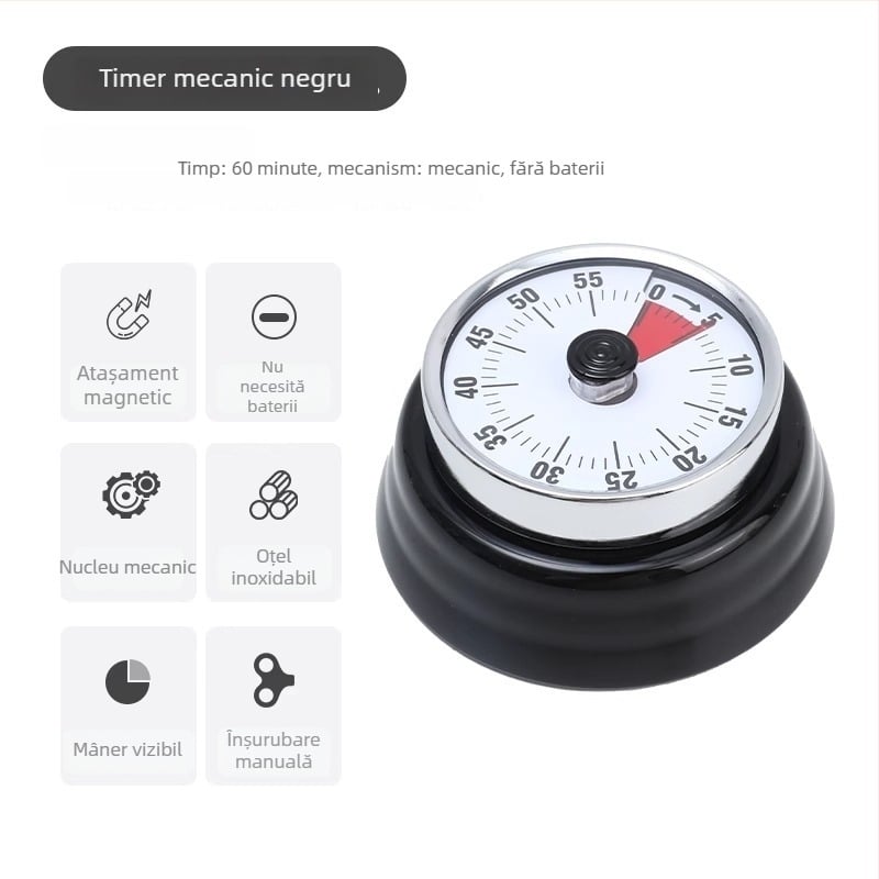 Cronometru vizual mecanic cu montaj magnetic pentru bucătărie și studiu – carcasă rotundă din ABS, acționare manuală, afișaj cu indicator, cronometru