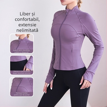 Jachetă de fitness pentru femei cu guler înalt, buzunar cu fermoar, mâneci lungi, material extensibil, uscare rapidă din amestec nylon