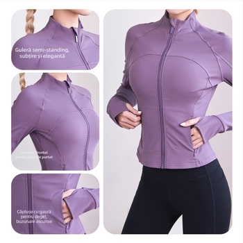Jachetă de fitness pentru femei cu guler înalt, buzunar cu fermoar, mâneci lungi, material extensibil, uscare rapidă din amestec nylon