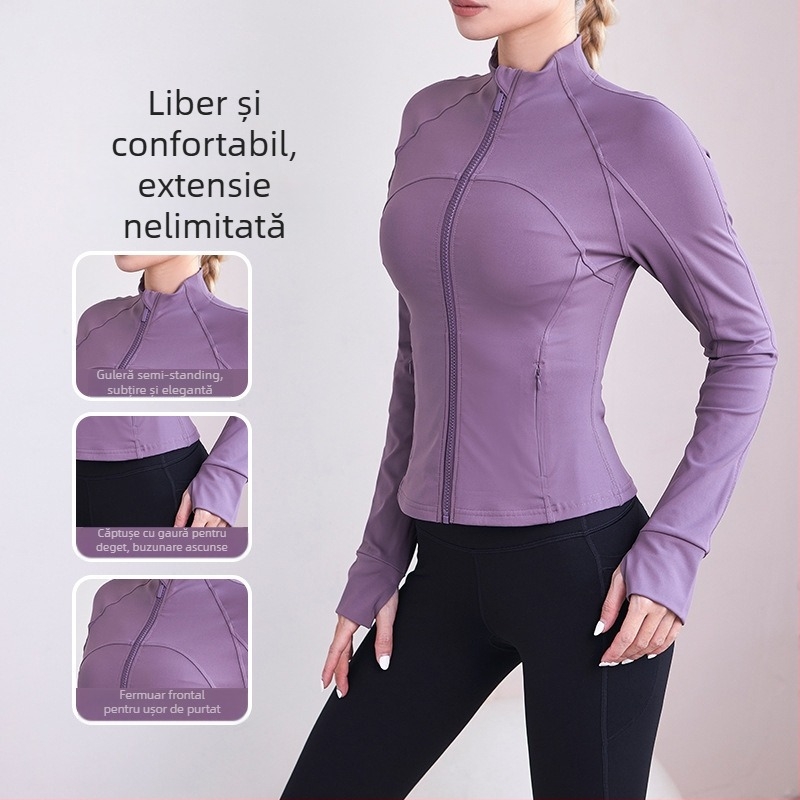 Jachetă de fitness pentru femei cu guler înalt, buzunar cu fermoar, mâneci lungi, material extensibil, uscare rapidă din amestec nylon