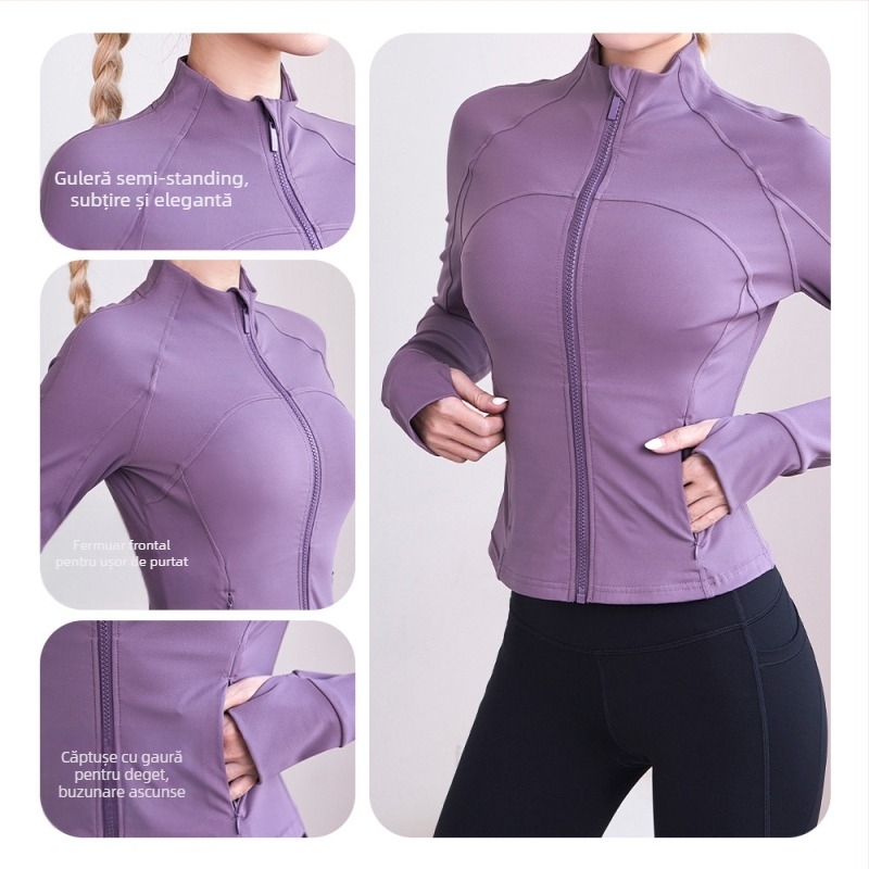 Jachetă de fitness pentru femei cu guler înalt, buzunar cu fermoar, mâneci lungi, material extensibil, uscare rapidă din amestec nylon