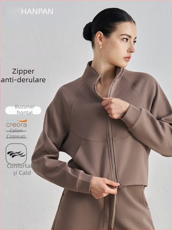 Jachetă de yoga slim-fit, mâneci lungi, lungime talie, buzunar frontal, material din rayon cu strat de aer