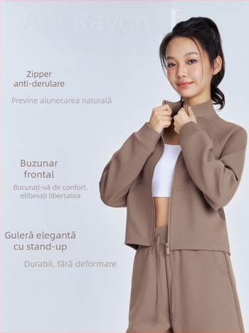 Jachetă de yoga slim-fit, mâneci lungi, lungime talie, buzunar frontal, material din rayon cu strat de aer