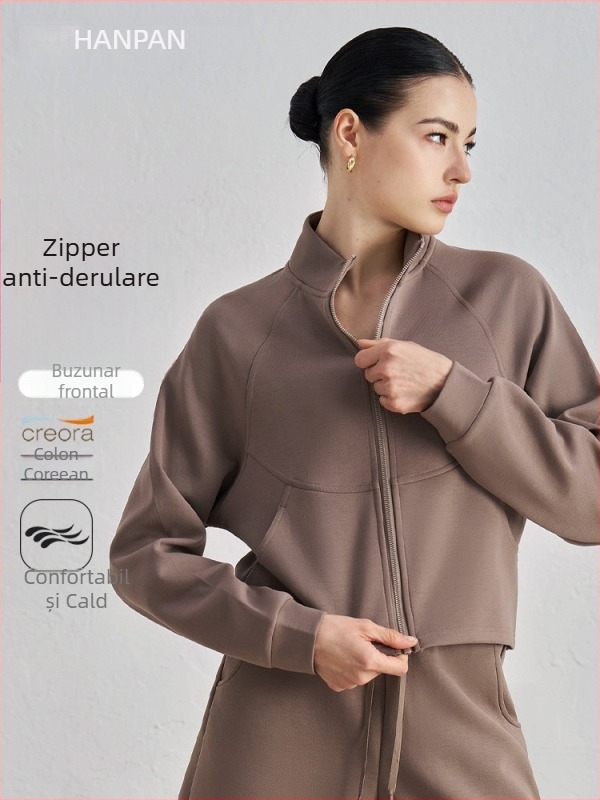 Jachetă de yoga slim-fit, mâneci lungi, lungime talie, buzunar frontal, material din rayon cu strat de aer