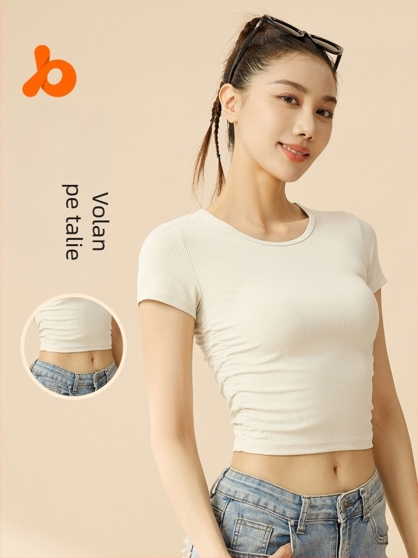 Tricou sport pentru femei cu dungi, mânecă scurtă — absorbție a transpirației, amestec poliester + spandex (82,5%/17,5%), potrivit pentru fitness și yoga, primăvara 2025