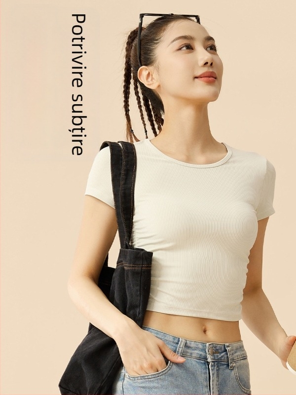 Tricou sport pentru femei cu dungi, mânecă scurtă — absorbție a transpirației, amestec poliester + spandex (82,5%/17,5%), potrivit pentru fitness și yoga, primăvara 2025