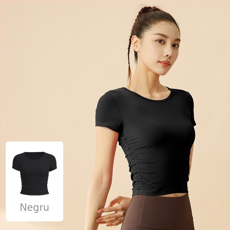 Tricou sport pentru femei cu dungi, mânecă scurtă — absorbție a transpirației, amestec poliester + spandex (82,5%/17,5%), potrivit pentru fitness și yoga, primăvara 2025