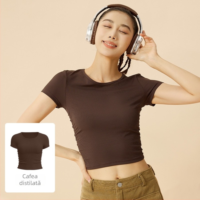 Tricou sport pentru femei cu dungi, mânecă scurtă — absorbție a transpirației, amestec poliester + spandex (82,5%/17,5%), potrivit pentru fitness și yoga, primăvara 2025