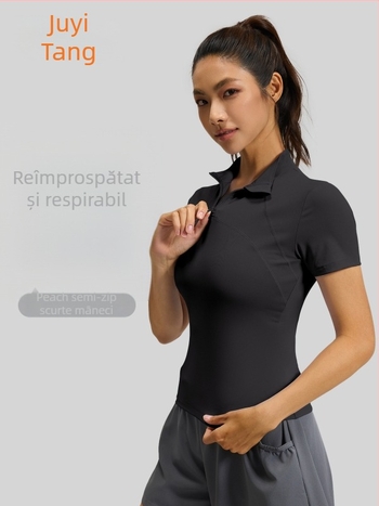Tricou sport cu mânecă scurtă, fermoar parțial - Croială Slim, înaltă elasticitate, material poliester/elastan 88%/12%, pentru alergare, fitness și yoga