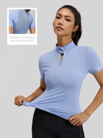 Tricou sport cu mânecă scurtă, fermoar parțial - Croială Slim, înaltă elasticitate, material poliester/elastan 88%/12%, pentru alergare, fitness și yoga