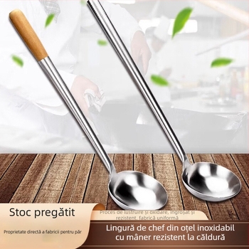 Lingură de gătit, corp din oțel inoxidabil, mâner din lemn sau oțel, design antiderapant
