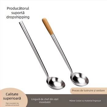 Lingură de gătit, corp din oțel inoxidabil, mâner din lemn sau oțel, design antiderapant