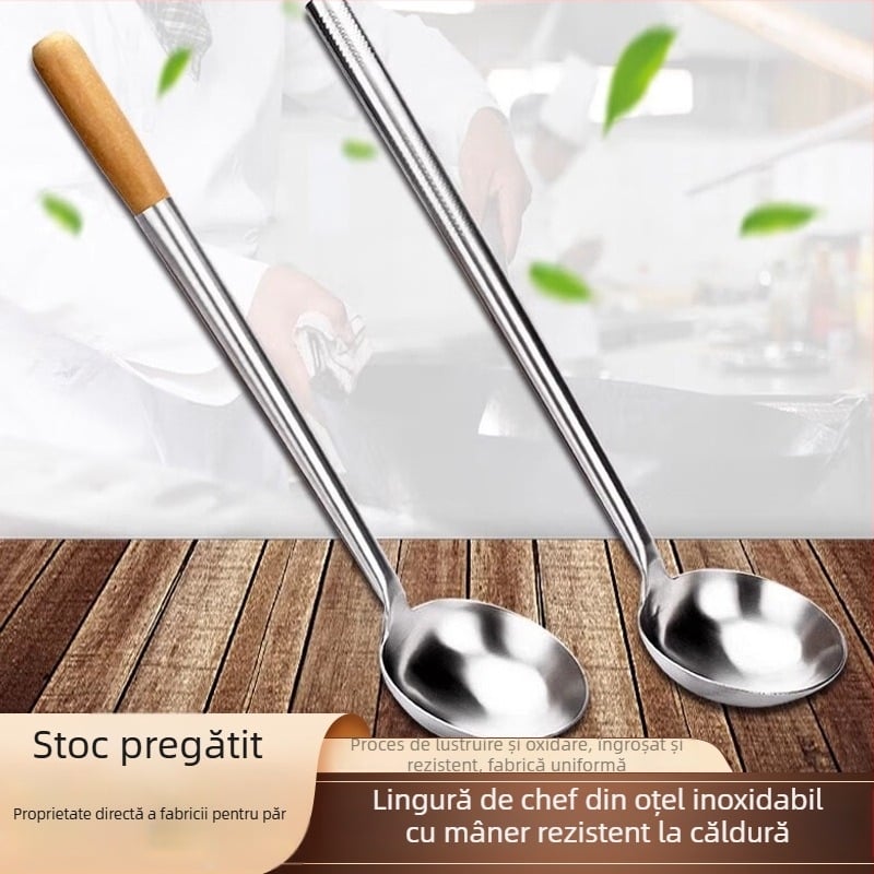 Lingură de gătit, corp din oțel inoxidabil, mâner din lemn sau oțel, design antiderapant