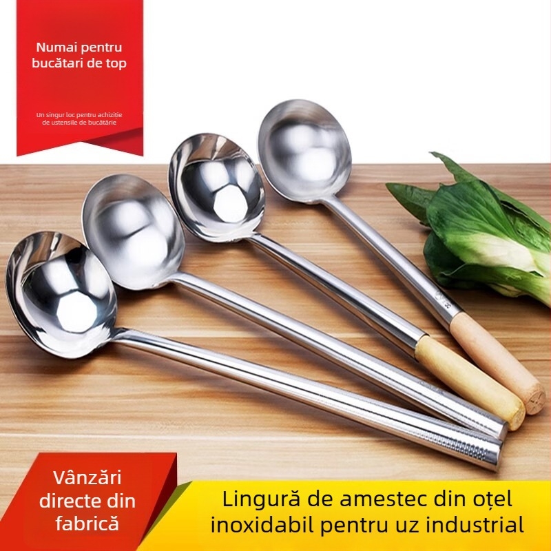 Lingură de gătit, corp din oțel inoxidabil, mâner din lemn sau oțel, design antiderapant